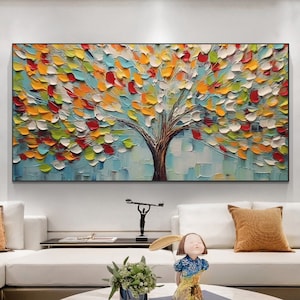 Minimalist Tree Oil Painting on Canvas, Large Wall Art Original Colorful Abstract Wall Art Custom Painting Autumn Decor Living Room Decor