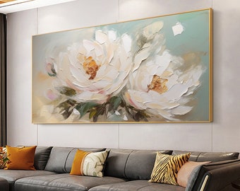 Original Large Flower Oil Painting on Canvas, Canvas Wall Art Minimalist Abstract Floral Art White Decor Custom Painting Living Room Decor