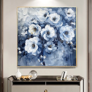 Original White Flower Oil Painting on Canvas, Large Wall Art Abstract Floral Wall Art Custom Painting Blue Wall Decor Living Room Home Decor