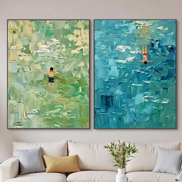 Large Set of 2 Swimming Abstract Oil Paintings on Canvas,Heavy Textured Swimmer Wall Art,Green & Blue Coastal Decor,Unique Housewarming Gift