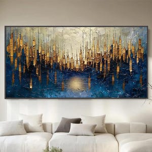 Strukturiertes Stadtbild-Ölgemälde, dick aufgetragene goldene Skyline, Wanddekoration für eine blaue Nacht