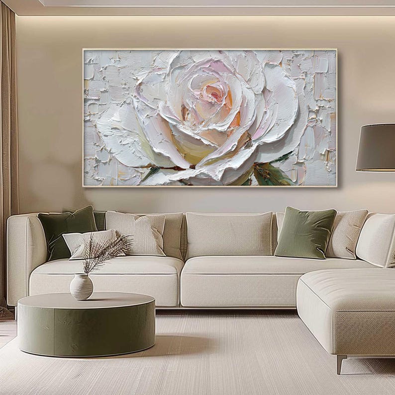 White Rose Painting Impasto Floral Art, 3D Textured Palette Knife Flower Painting, Large Romantic Wall Art for Bedroom, Minimalist Decor