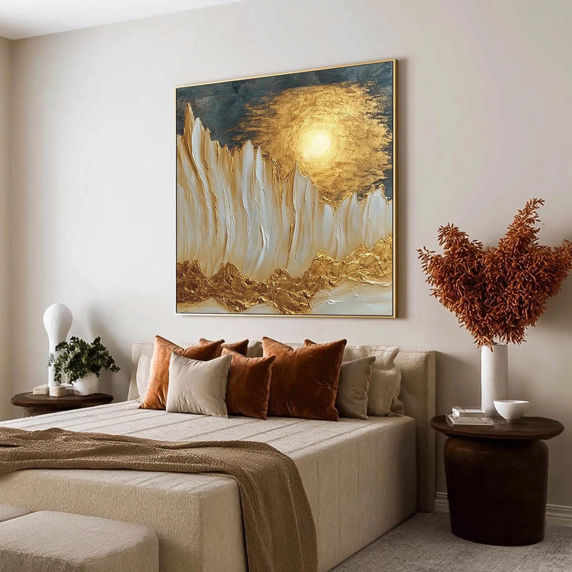 Textured 3D Gold Leaf Painting, Large Square Canvas Wall Art Over Sofa ...