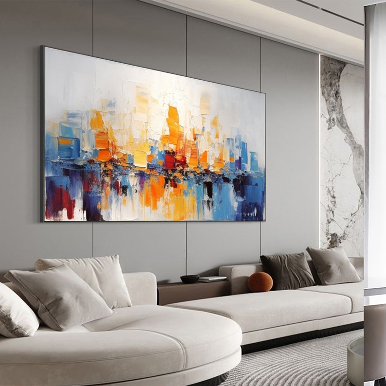 Abstract Textured Cityscape Oil Painting on Canvas, Large Wall Art Original Colorful Ocean Wall Art Custom Painting Living Room Wall Decor