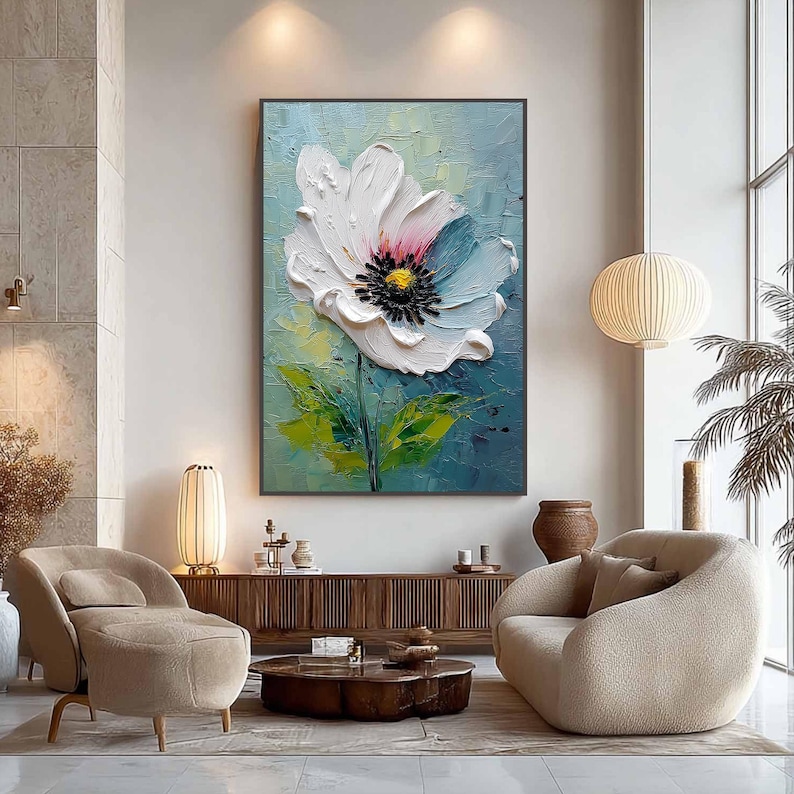Large White Flower Oil Painting on Canvas, Hand Painted 3D Heavy Impasto Floral Wall Art, Modern Bloom Decor, Unique Housewarming Gift Idea