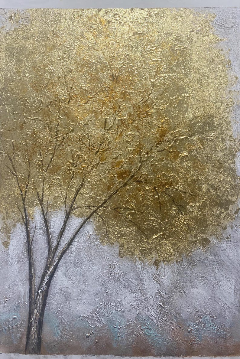 Minimalist Golden Tree Oil Painting on Canvas, Large Wall Art Original ...