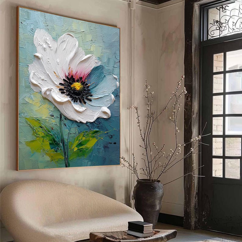 Large White Flower Oil Painting on Canvas, Hand Painted 3D Heavy Impasto Floral Wall Art, Modern Bloom Decor, Unique Housewarming Gift Idea
