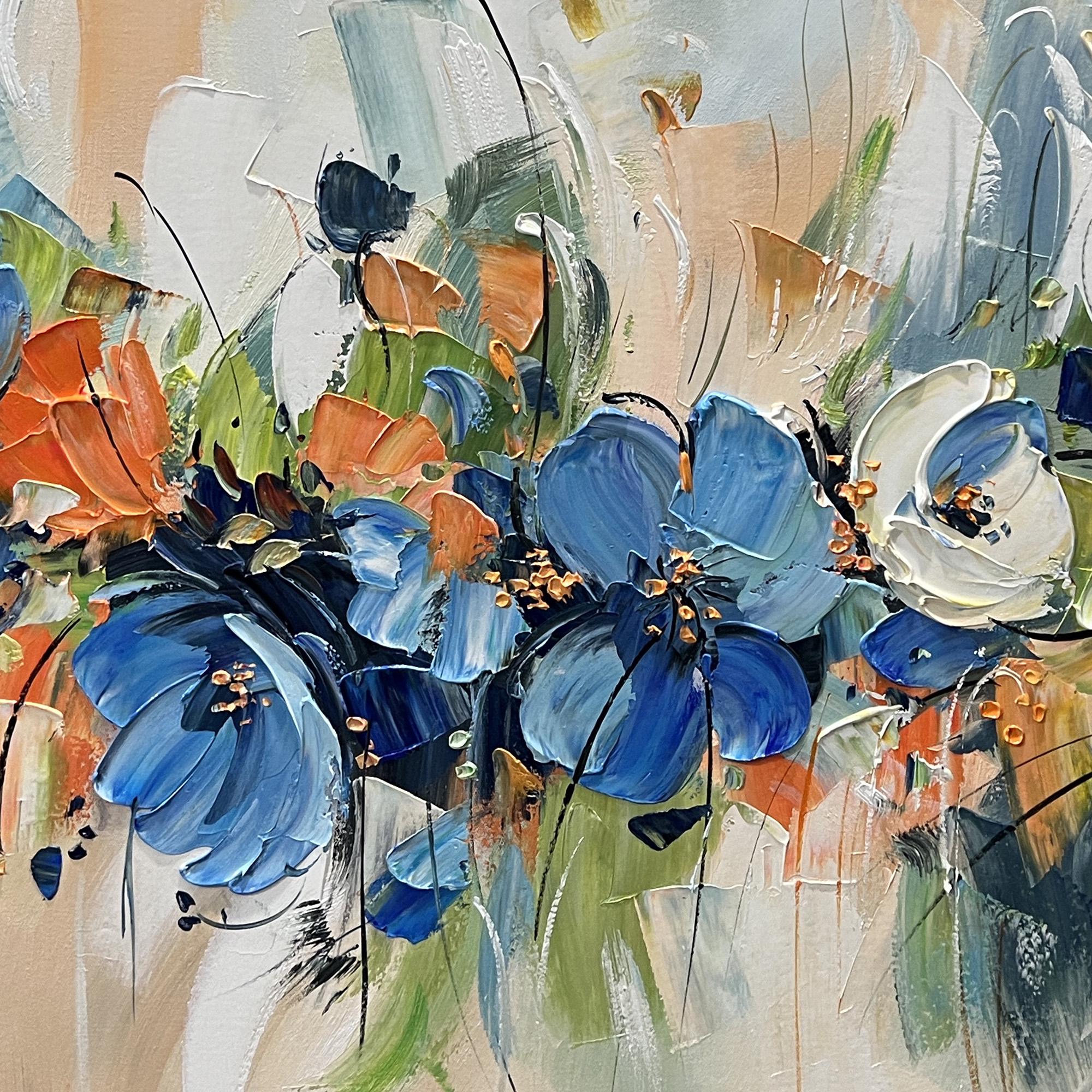 キャンバスに描かれた大きな抽象的な花の風景油絵、オリジナルの青い花