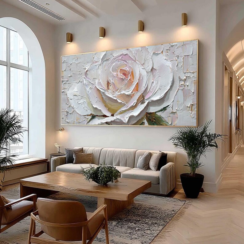 White Rose Painting Impasto Floral Art, 3D Textured Palette Knife Flower Painting, Large Romantic Wall Art for Bedroom, Minimalist Decor