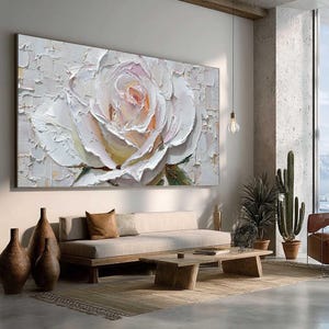 White Rose Painting Impasto Floral Art, 3D Textured Palette Knife Flower Painting, Large Romantic Wall Art for Bedroom, Minimalist Decor
