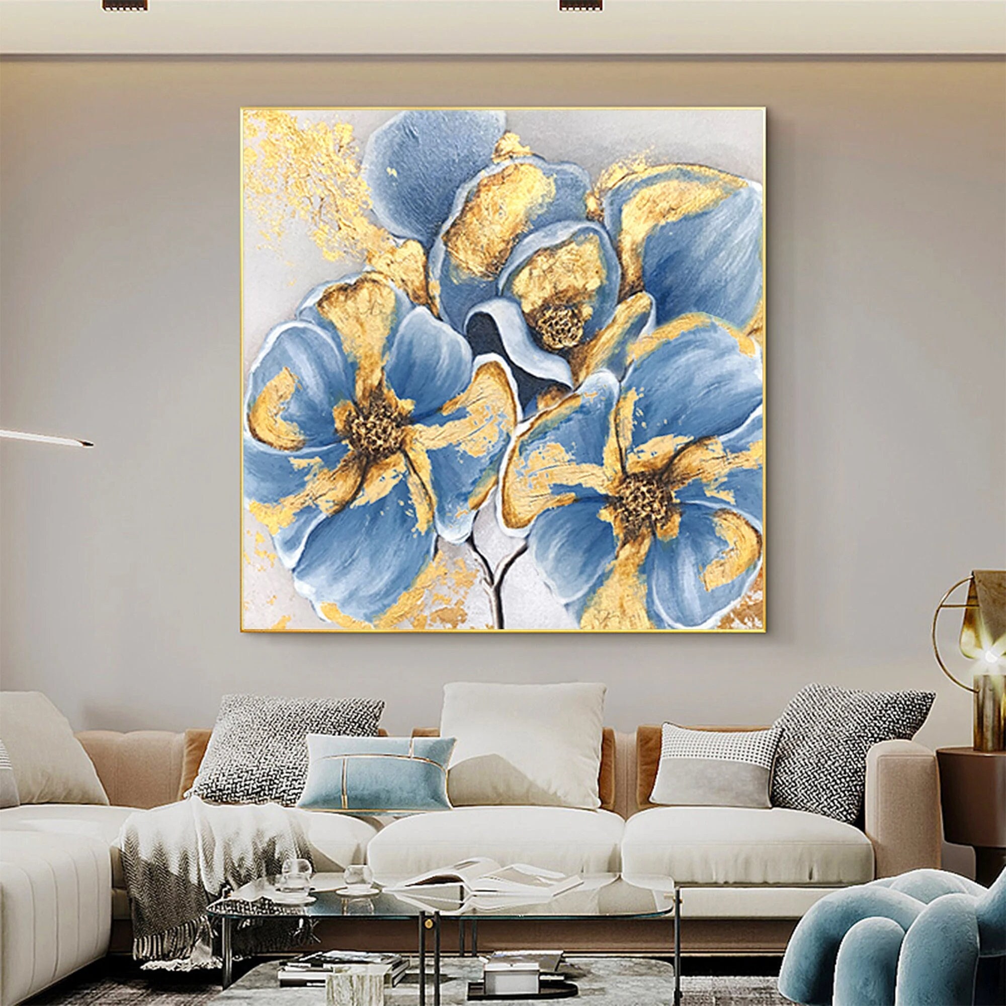 Large Abstract Flower Oil Painting on Canvas Wall Art, Original Blue ...