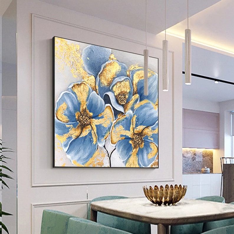 Large Abstract Flower Oil Painting on Canvas Wall Art, Original Blue ...
