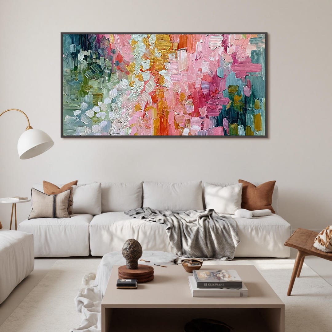 Large Colorful Abstract Oil Painting on Canvas, Vibrant Pink Teal Wall ...