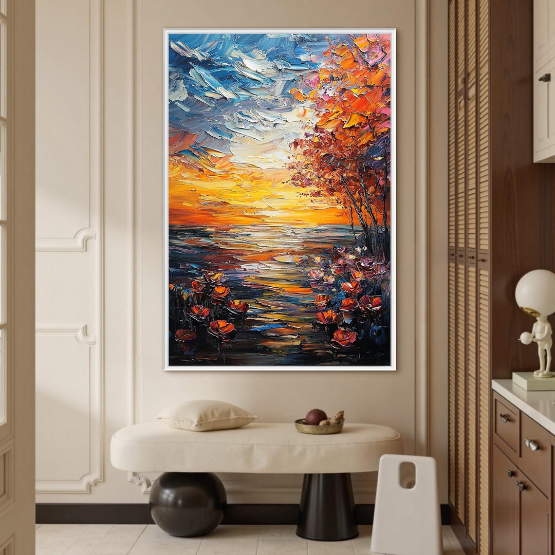 Original Sunset Seascape Oil Painting, Palette Knife Autumn