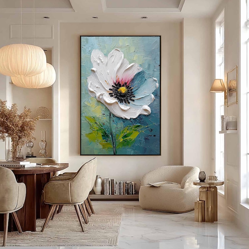 Large White Flower Oil Painting on Canvas, Hand Painted 3D Heavy Impasto Floral Wall Art, Modern Bloom Decor, Unique Housewarming Gift Idea