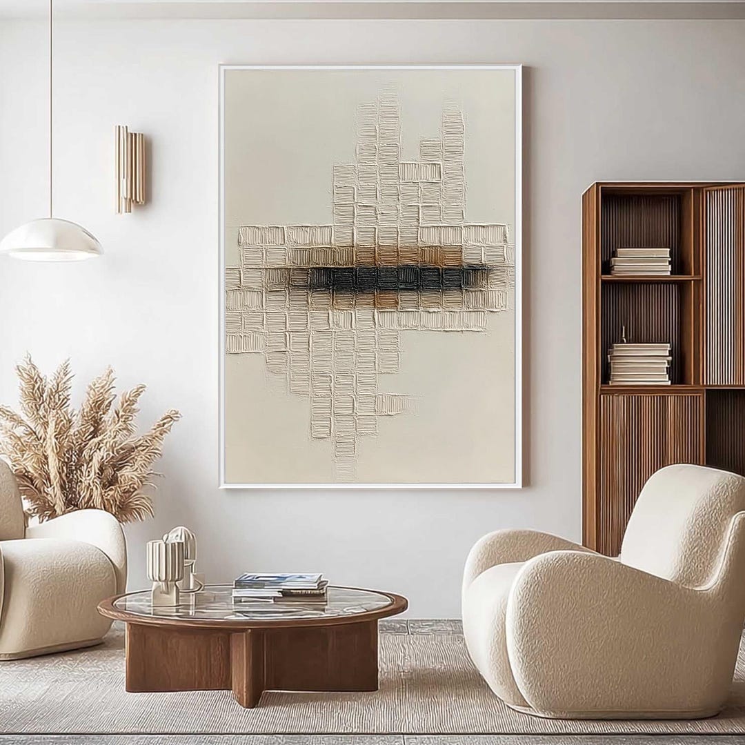 Large Minimalist Abstract Oil Painting on Canvas, Beige 3D Textured ...