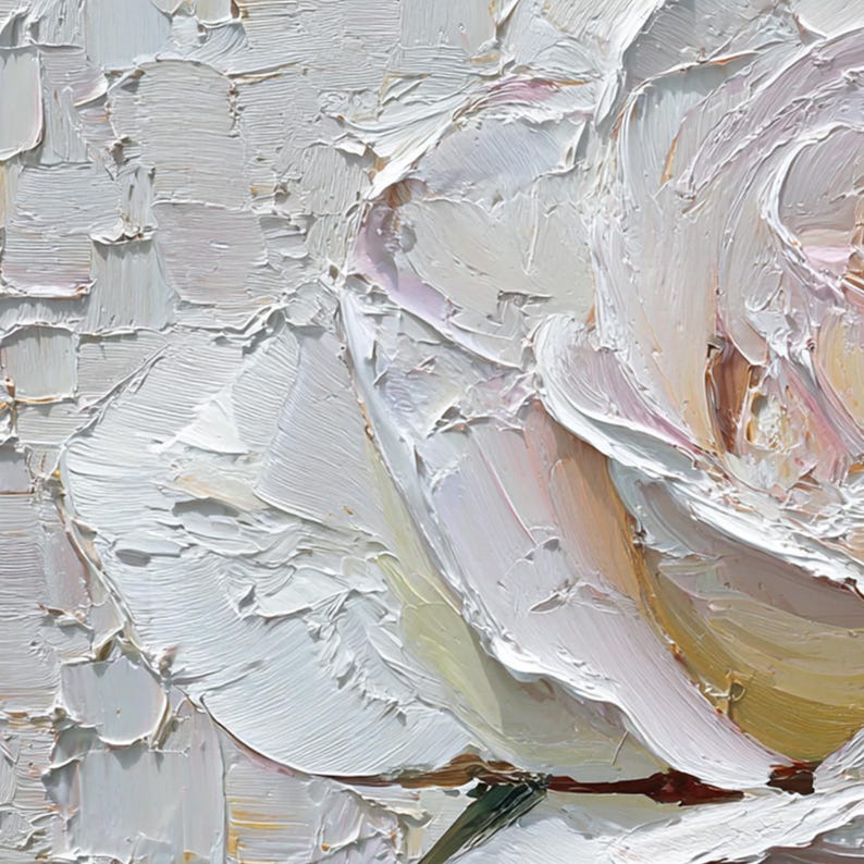 White Rose Painting Impasto Floral Art, 3D Textured Palette Knife Flower Painting, Large Romantic Wall Art for Bedroom, Minimalist Decor