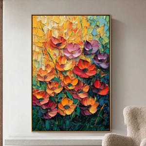 Original Flower Oil Painting On Canvas, Abstract Texture Orange Floral Painting, Large Custom Art, Boho Wall Décor, Modern Living Room Decor
