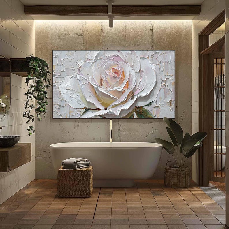 White Rose Painting Impasto Floral Art, 3D Textured Palette Knife Flower Painting, Large Romantic Wall Art for Bedroom, Minimalist Decor