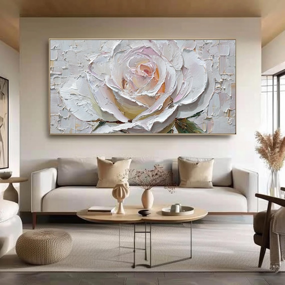 White Rose Painting Impasto Floral Art, 3D Textured Palette Knife Flower Painting, Large Romantic Wall Art for Bedroom, Minimalist Decor
