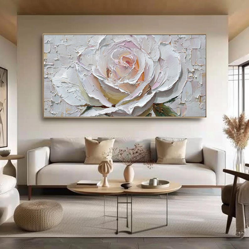 White Rose Painting Impasto Floral Art, 3D Textured Palette Knife Flower Painting, Large Romantic Wall Art for Bedroom, Minimalist Decor
