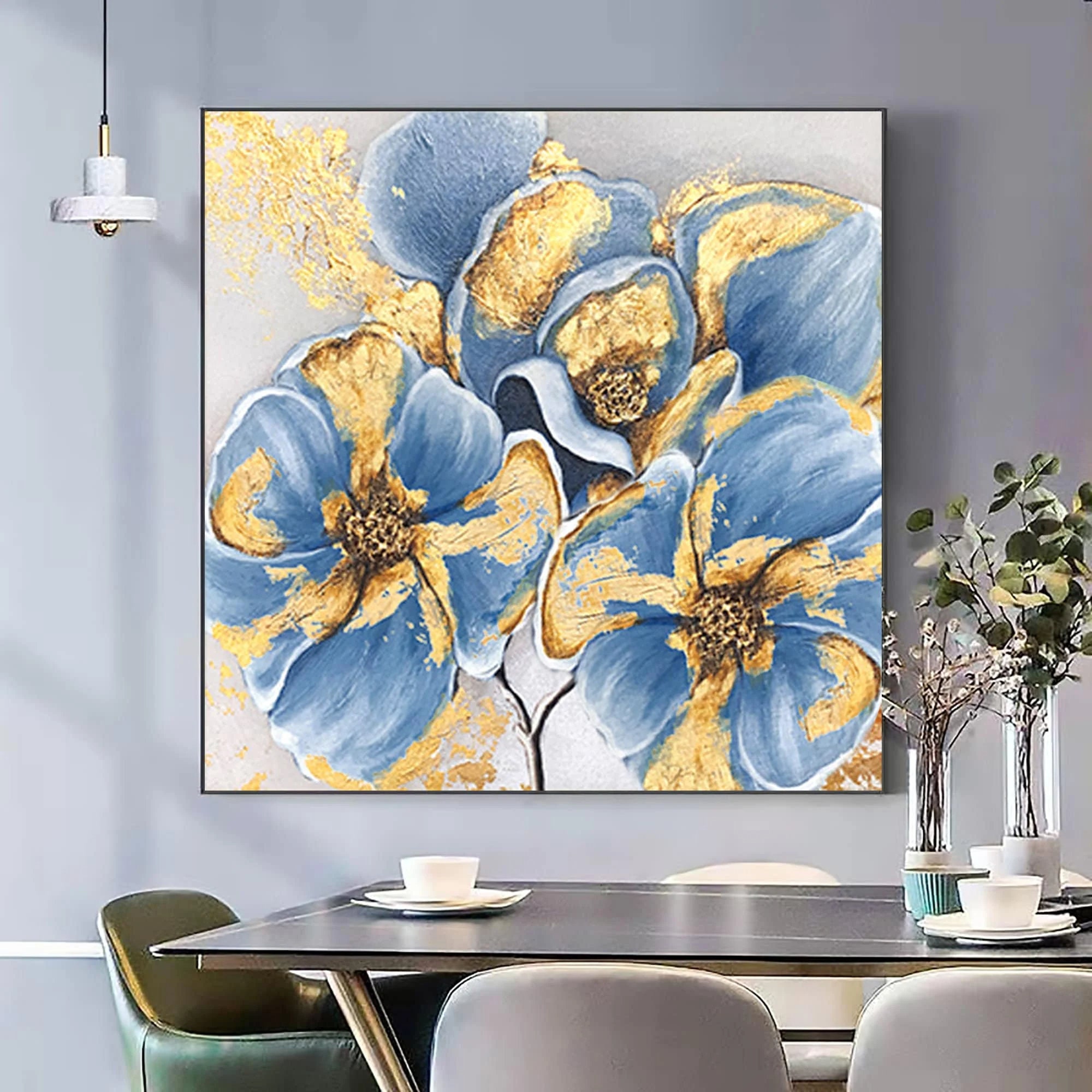 Large Abstract Flower Oil Painting on Canvas Wall Art, Original Blue ...