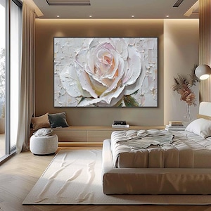 White Rose Painting Impasto Floral Art, 3D Textured Palette Knife Flower Painting, Large Romantic Wall Art for Bedroom, Minimalist Decor