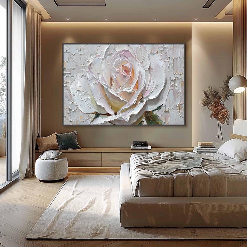 White Rose Painting Impasto Floral Art, 3D Textured Palette Knife Flower Painting, Large Romantic Wall Art for Bedroom, Minimalist Decor