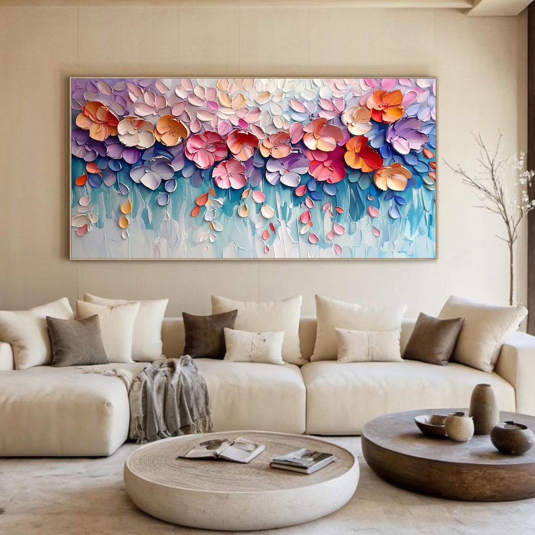 Textured Floral Oil Painting on Canvas - Abstract 3D Blossom Wall Art ...
