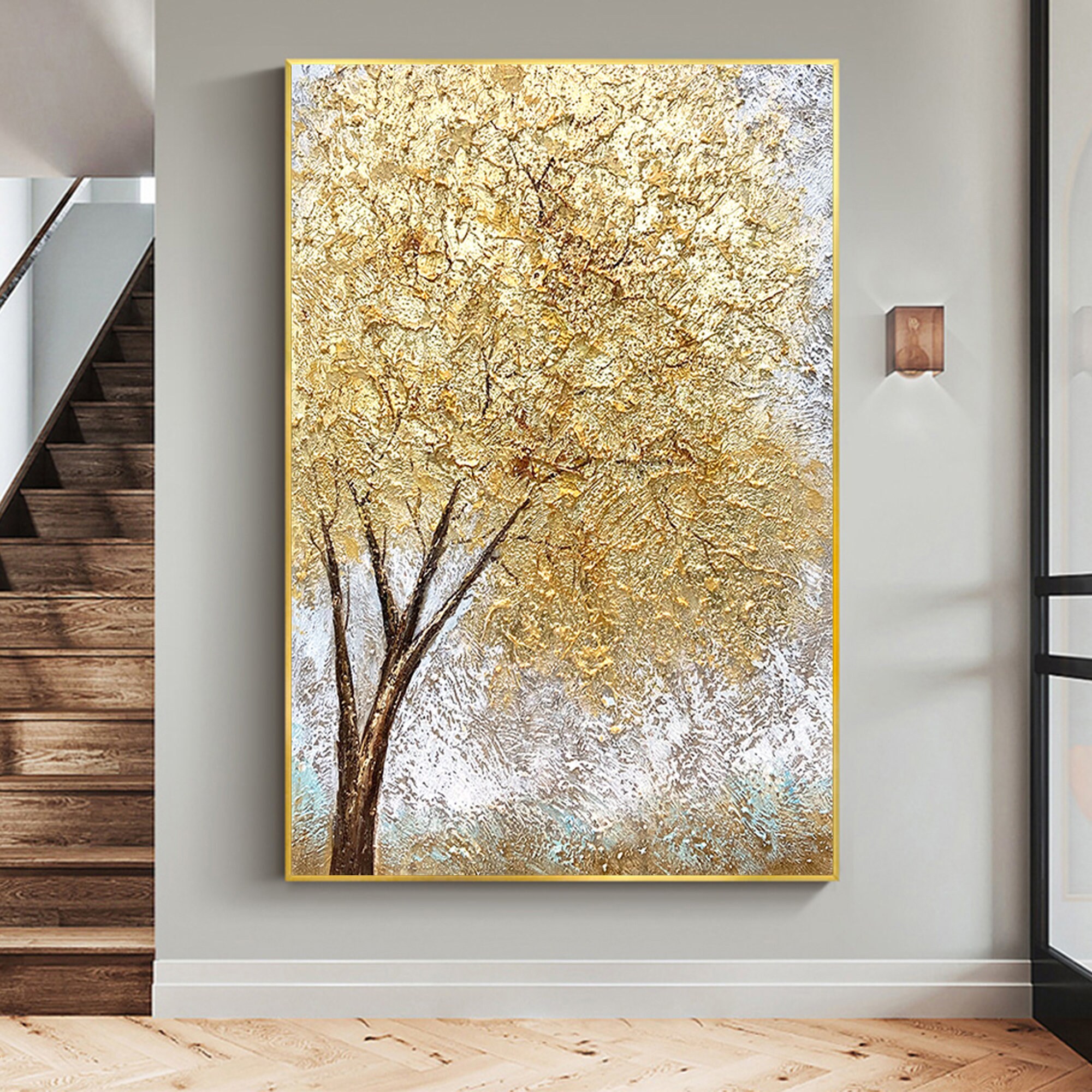 Minimalist Golden Tree Oil Painting on Canvas, Large Wall Art Original ...