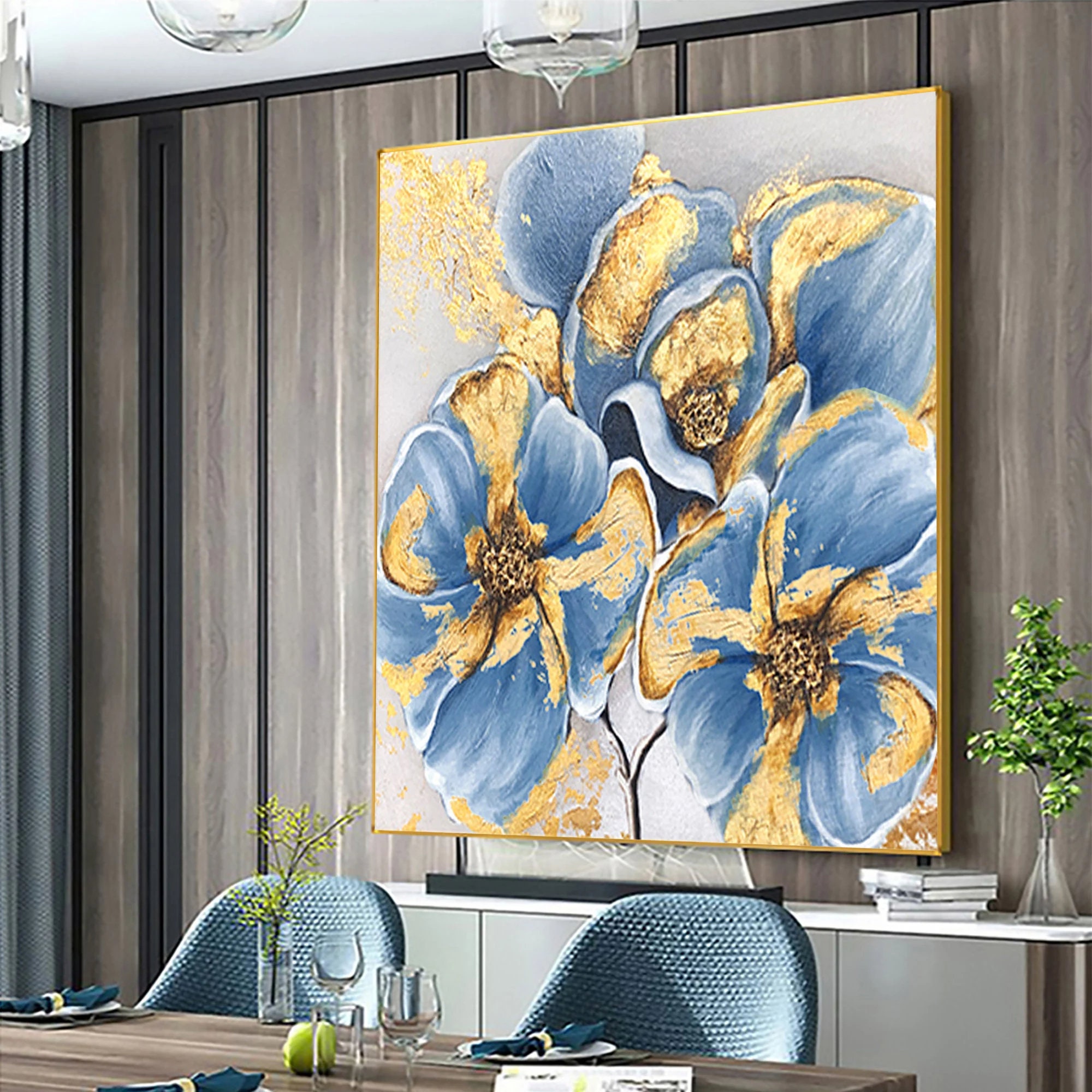 Large Abstract Flower Oil Painting on Canvas Wall Art, Original Blue ...
