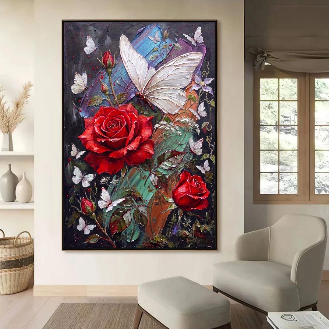 Red Rose Butterfly Oil Painting | Romantic Textured Impasto Floral Wall ...