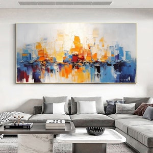 Abstract Textured Cityscape Oil Painting on Canvas, Large Wall Art Original Colorful Ocean Wall Art Custom Painting Living Room Wall Decor