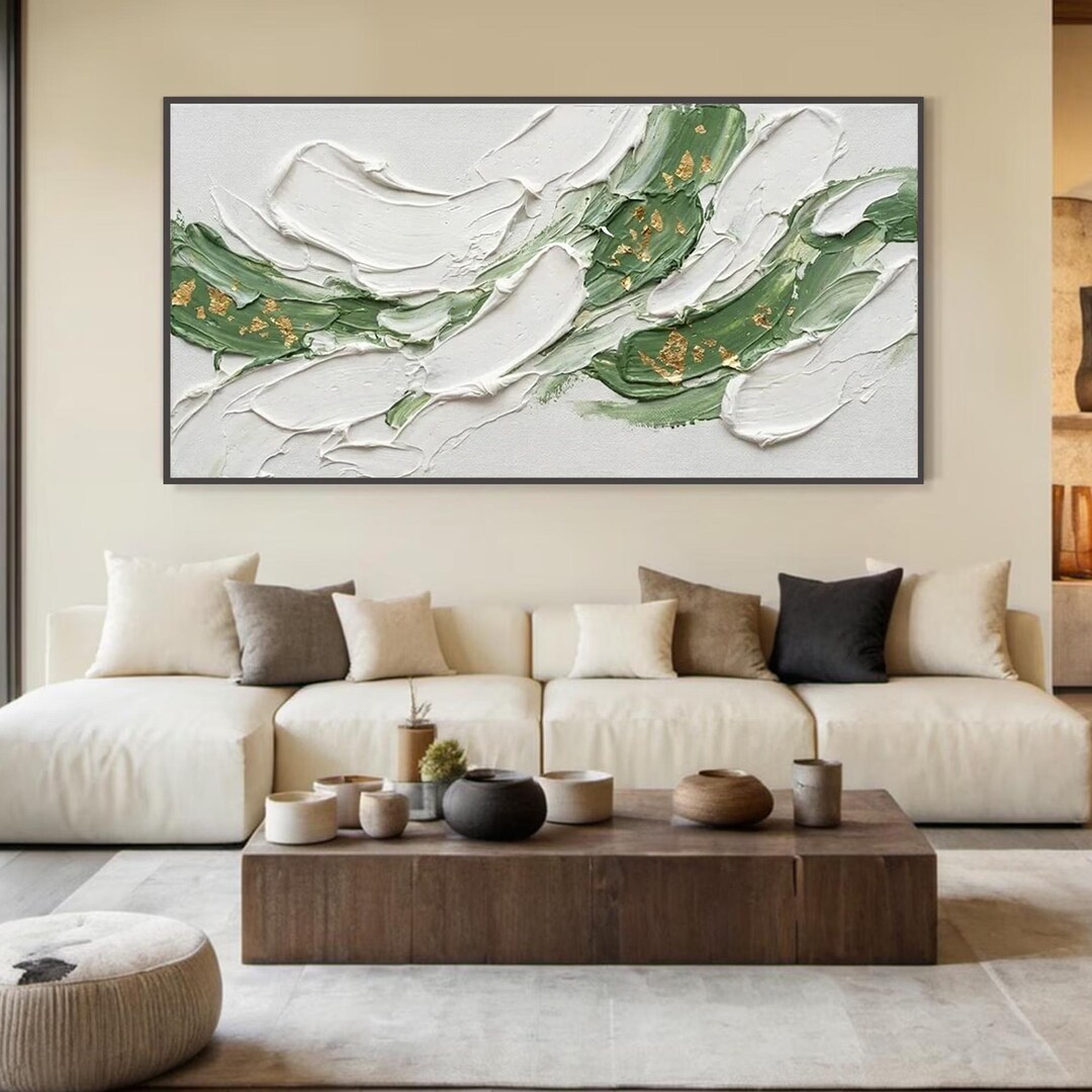 Textured Sage Green & Gold Abstract Painting, Large Modern Canvas Wall ...