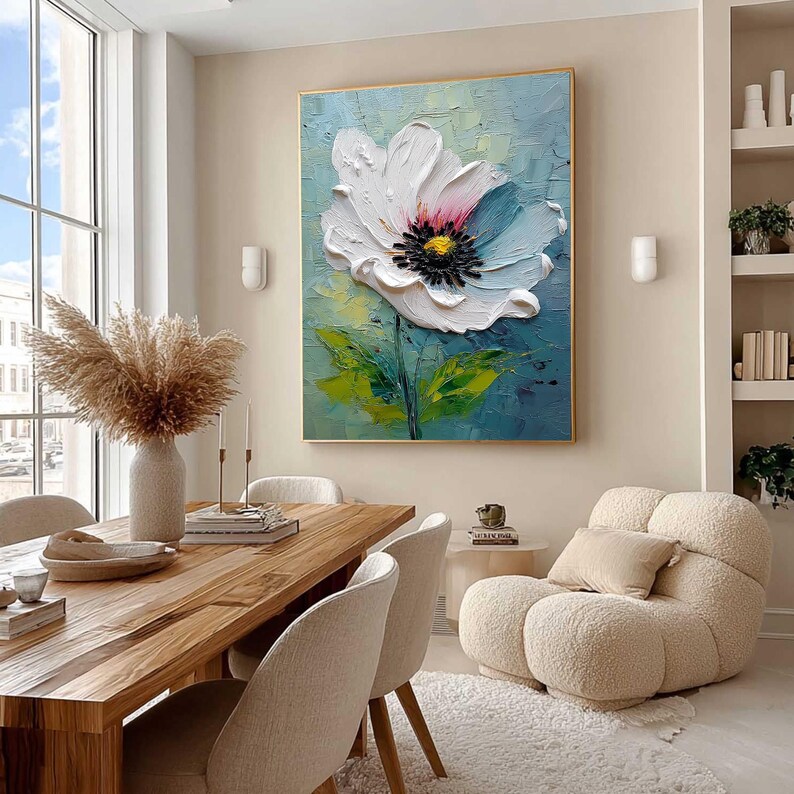 Large White Flower Oil Painting on Canvas, Hand Painted 3D Heavy Impasto Floral Wall Art, Modern Bloom Decor, Unique Housewarming Gift Idea