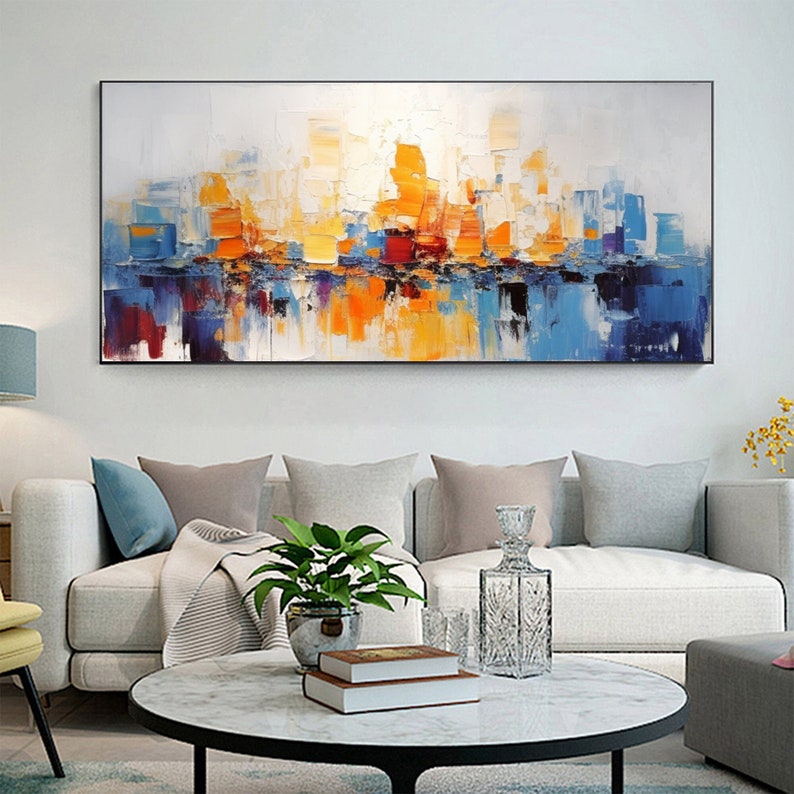 Abstract Textured Cityscape Oil Painting on Canvas, Large Wall Art Original Colorful Ocean Wall Art Custom Painting Living Room Wall Decor