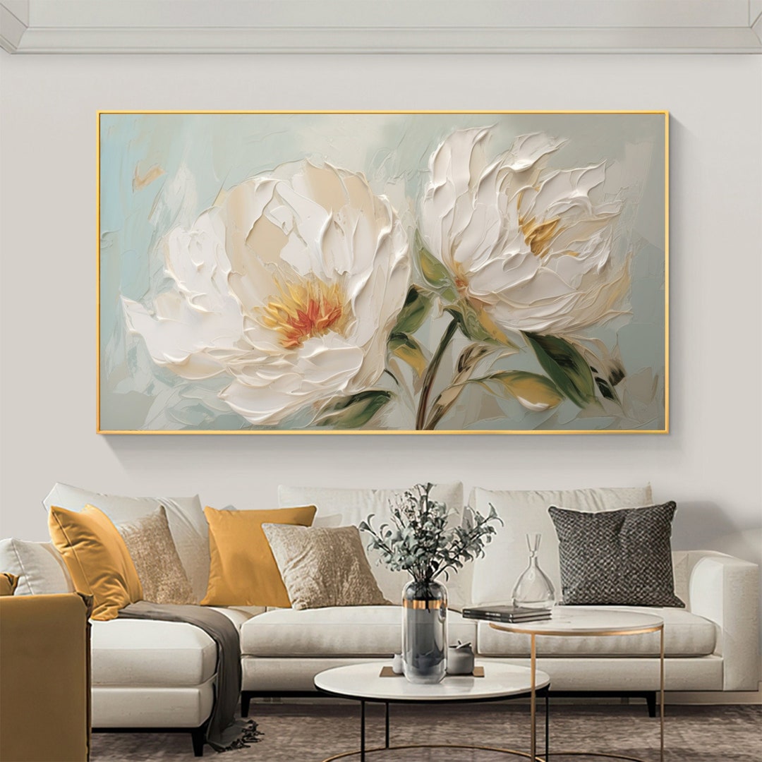 Textured White Floral Oil Painting on Canvas, Abstract Flower Wall Art ...