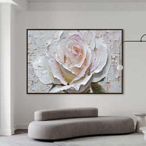 White Rose Painting Impasto Floral Art, 3D Textured Palette Knife Flower Painting, Large Romantic Wall Art for Bedroom, Minimalist Decor