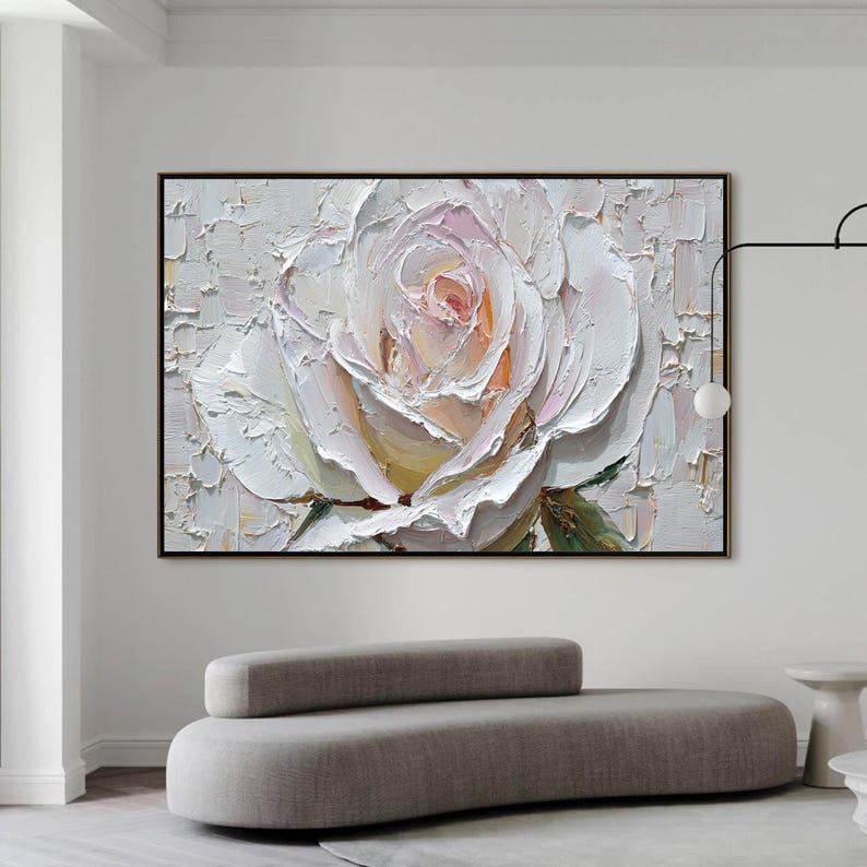 White Rose Painting Impasto Floral Art, 3D Textured Palette Knife Flower Painting, Large Romantic Wall Art for Bedroom, Minimalist Decor