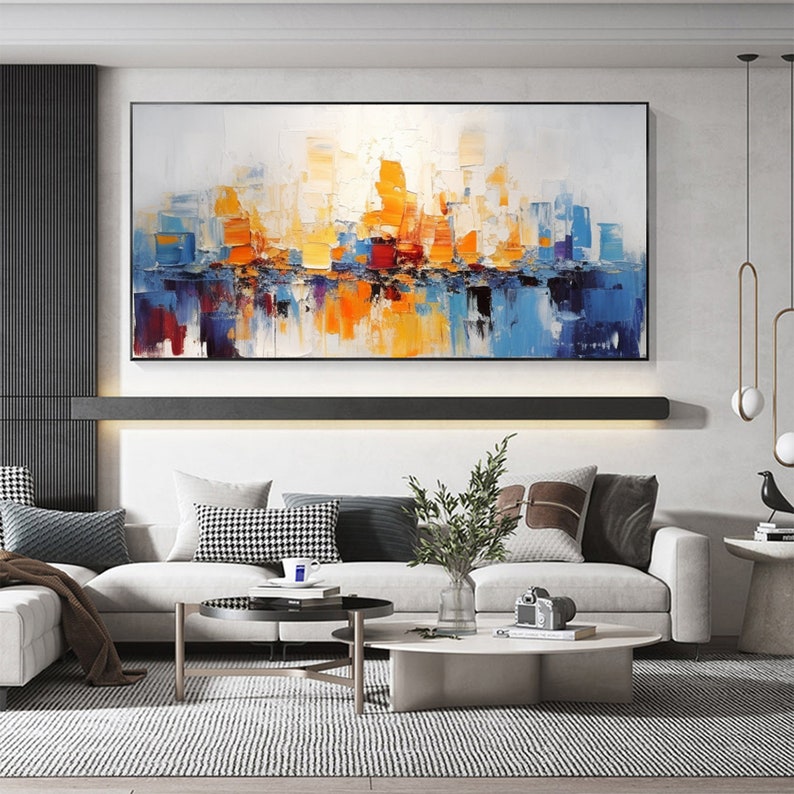 Abstract Textured Cityscape Oil Painting on Canvas, Large Wall Art Original Colorful Ocean Wall Art Custom Painting Living Room Wall Decor