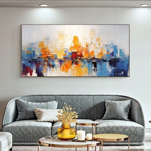 Abstract Textured Cityscape Oil Painting on Canvas, Large Wall Art Original Colorful Ocean Wall Art Custom Painting Living Room Wall Decor