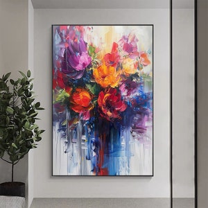 Abstract Colored Flower Oil Painting on Canvas Large Wall Art,Original Texture Floral Wall Art Custom Painting Modern Living Room Home Decor