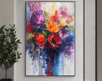 Abstract Colored Flower Oil Painting on Canvas Large Wall Art,Original Texture Floral Wall Art Custom Painting Modern Living Room Home Decor