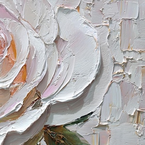 White Rose Painting Impasto Floral Art, 3D Textured Palette Knife Flower Painting, Large Romantic Wall Art for Bedroom, Minimalist Decor