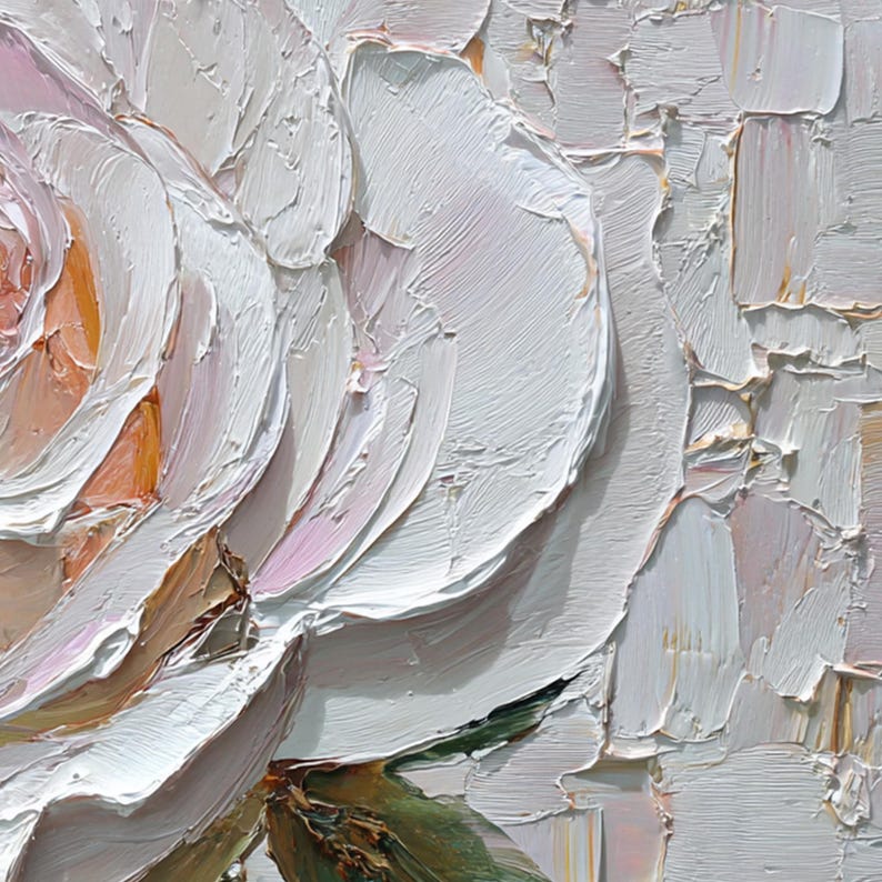White Rose Painting Impasto Floral Art, 3D Textured Palette Knife Flower Painting, Large Romantic Wall Art for Bedroom, Minimalist Decor