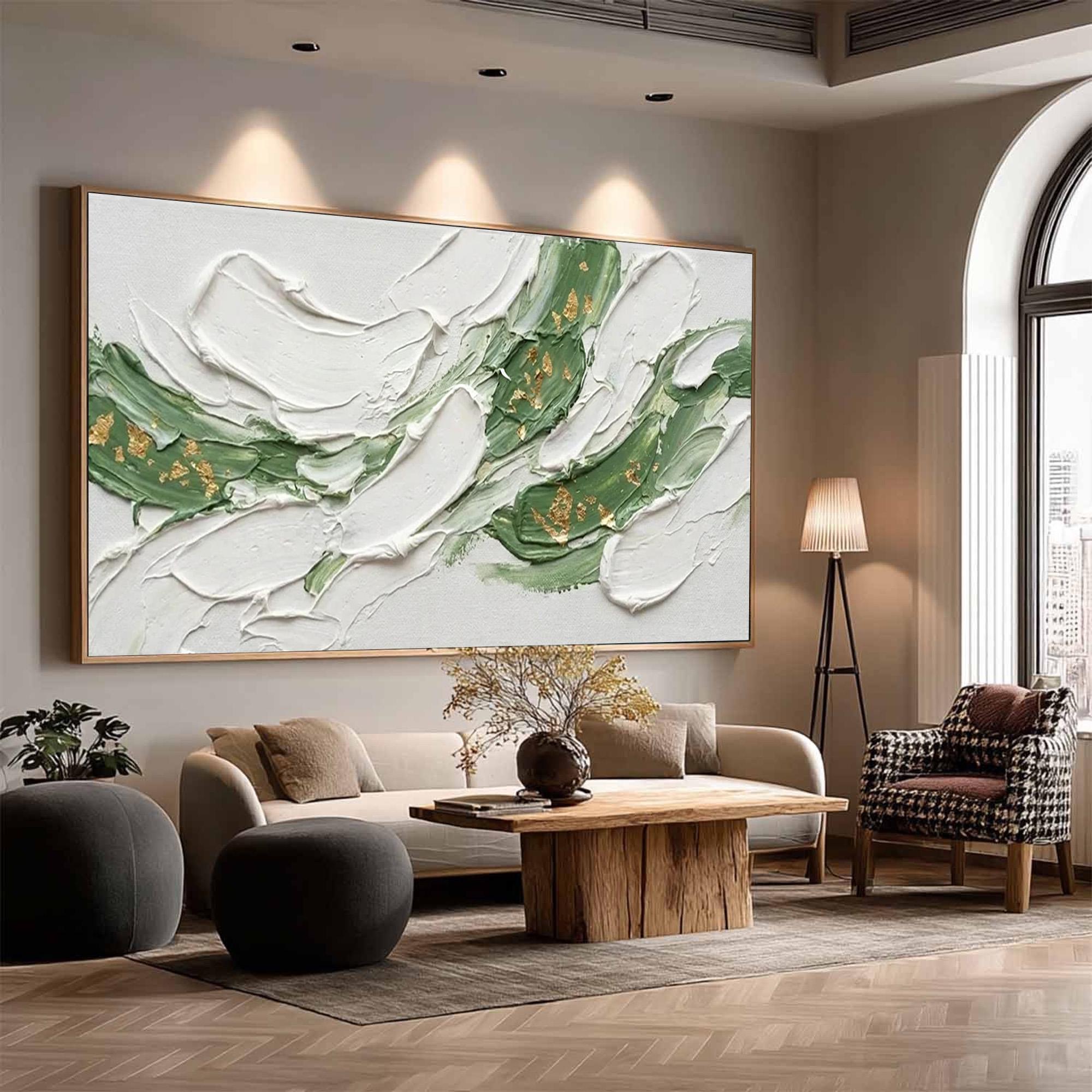 Textured Sage Green & Gold Abstract Painting, Large Modern Canvas Wall ...