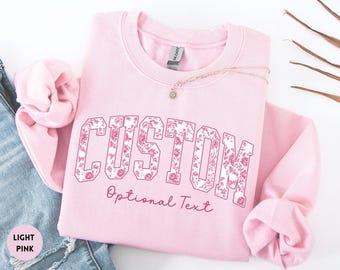 Custom Floral Sweatshirt, Personalized Pink Toile Crewneck, Custom Text, Unisex Group Matching Name