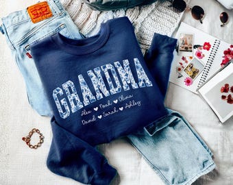 Personalized Grandma Sweatshirt, Floral Grandma Crewneck, Custom Grandma With Kids Names Gift