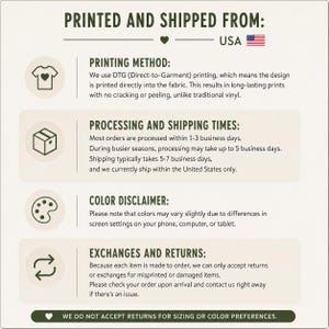 May include: An informational graphic with a light background and dark text titled PRINTED AND SHIPPED FROM: USA. It lists sections for PRINTING METHOD, PROCESSING AND SHIPPING TIMES, COLOR DISCLAIMER, and EXCHANGES AND RETURNS with icons.