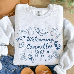 May include: A light gray sweatshirt with long sleeves featuring the text "Welcoming Committee" in navy blue, along with baby-themed illustrations. The design includes a stork, a baby carriage, and a teddy bear.